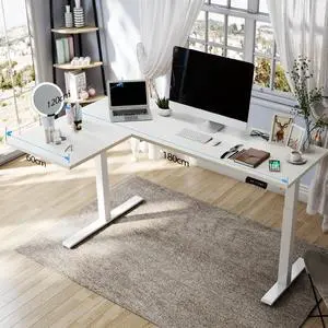 71-Inch Large Dual Motor L-Shaped Electric Height Adjustable Standing Desk - Reversible Panel - White Top/White Frame - Ideal for Gaming, Home Office or Computer Workstation