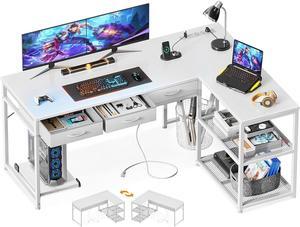 L Shaped Desk with Fabric Drawers, 53 Inch Corner Desk with Power Outlets & Movable CPU Stand, Reversible Computer Desk for Home Office, Gaming Desk, White