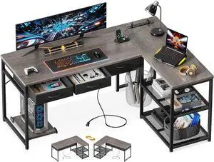 L Shaped Desk with Fabric Drawers, 53 Inch Corner Desk with Power Outlets & Movable CPU Stand, Reversible Computer Desk for Home Office, Gaming Desk, Oak Grey