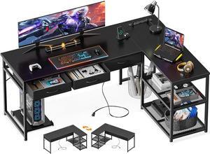 L Shaped Desk with Fabric Drawers, 61 Inch Corner Desk with Power Outlets & Movable CPU Stand, Reversible Computer Desk for Home Office, Gaming Desk, Black