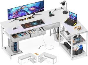 L Shaped Desk with Fabric Drawers, 61 Inch Corner Desk with Power Outlets & Movable CPU Stand, Reversible Computer Desk for Home Office, Gaming Desk, White