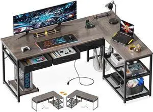 L Shaped Desk with Fabric Drawers, 61 Inch Corner Desk with Power Outlets & Movable CPU Stand, Reversible Computer Desk for Home Office, Gaming Desk, Oak Grey