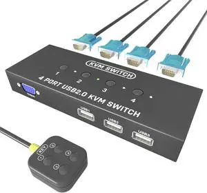 Switch VGA 4 Port - VGA KVM Switch for 4 Computers Share 1 Monitor & 3 USB 2.0 Devices,Keyboard Mouse Scanner Printer,U Disk, Driver-Free for All OS,4 KVM Cables 1 Desktop Controller Included