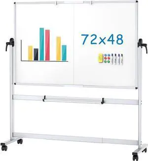 Double-Sided Mobile Whiteboard, 72 x 48 Inches, Magnetic Rolling Dry Erase White Board on Wheels with Aluminium Frame and Stand