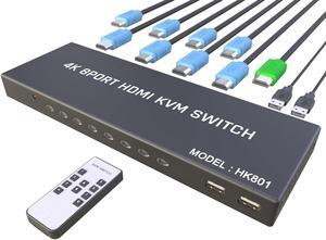 Switch HDMI 8 Port - HDMI Switch with Remote- USB Switch Selector for 8 Computers Share Keyboard Mouse Printer,Flash Drive,HD Monitor, Support 4K@30Hz, 8 HDMI KVM Cables 1 Remote Included