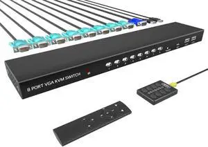 Switch VGA - VGA KVM Switch 8 Port,USB Switcher 8 Computers Share 1 Monitor & 4 USB 2.0 Hubs,Keyboard Mouse Printer,Plug & Play,Drive-Free for All OS,8 KVM VGA Cables 1 Desktop Controller