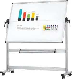 Double-Sided Mobile Whiteboard, 48 x 36 Inches, Magnetic Rolling Dry Erase White Board on Wheels with Aluminium Frame and Stand