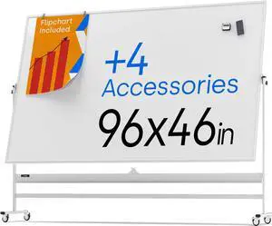Rolling Dry Erase Board 96 x 46 - Large Portable Magnetic Whiteboard with Stand - Double Sided Easel Style Whiteboard with Wheels - Mobile Standing Whiteboard for Office, Classroom & Home