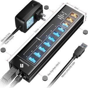 Powered USB Hub - 10-Port USB 3.0 Hub with 7 USB 3.0 Ports, 3 Smart Charging Ports, Power Adapter, Long Cord, LEDs - Black Aluminum