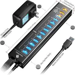 Powered USB Hub - 13-Port USB 3.0 Hub with 10 USB 3.0 Ports, 3 Smart Charging Ports, Power Adapter, Long Cord, LEDs - Black Aluminum