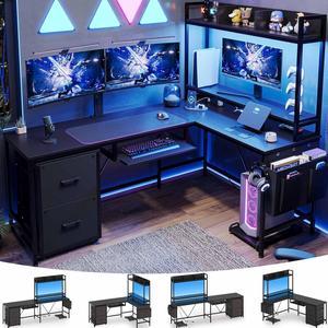 L Shaped Gaming Desk Reversible Corner Computer Desk with Power Outlet  Led Strip Home Office Desks Drawer File Cabinet Keyboard Tray Black 67in