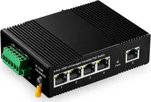5 Port PoE Din Rail Industrial Ethernet Switch, 4 PoE IEEE802.3af/at, 1 Uplink, 10/100Mbps, Fanless Wall Mount, with One 60W PoE Power Supply