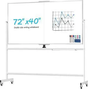 Rolling Whiteboard on Wheels, 72 x 40 inch Double-Sided Magnetic Dry Erase Board Large Mobile White Board with Stand Reversible Whiteboard with 1 Eraser, 3 Markers and 6 Magnets