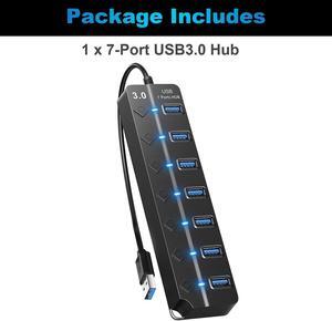 7 Port USB 3.0 Hub On/Off Switch High Speed Splitter AC Adapter for PC Laptop