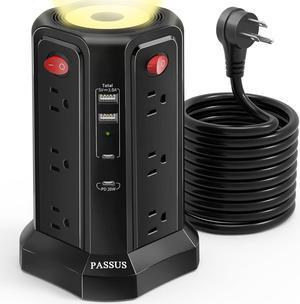 Long Surge Protector Power Strip 16 FT Cord, PD20W USB C Power Strip Tower with Night Light, Extension Cord with Multiple Outlets 4 USB Ports(2A+2C), Charging Station Home Office Essentials