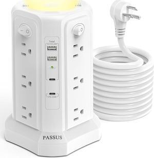 Long Surge Protector Power Strip 16 FT Cord, PD20W USB C Power Strip Tower with Night Light, Extension Cord with Multiple Outlets with 4 USB Ports, Charging Station Home Office Essentials White