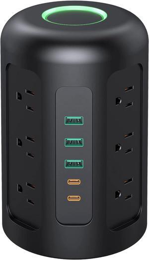 20W USB C Power Strip Tower with 12 AC Outlets, 1500J Surge Protectors, Charging Station for iPhone 14/13 Series, 5FT Extension Cord with Multiple outlets for Dorm Rooms, Home/Office Essentials, Black