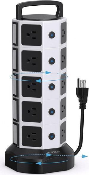 Power Strip Tower Surge Protector 1050J, JACKYLED 20 AC Outlets 6 USB Ports, 13A Desktop Electrical Charging Station, 6.5ft Heavy Duty Extension Cord, for Home, Office, Garage, White Black