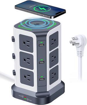 Power Strip Tower, 15W Wireless Charger Surge Protector - 12 AC Multiple Outlets & 6 USB Ports, 6.5ft Extension Cord Charging Station for Office Supplies, Desk Accessories, Dorm Essentials