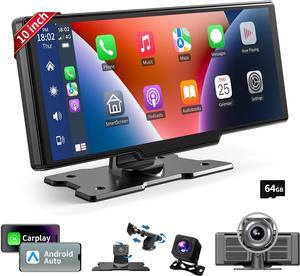 Wireless Portable Carplay Screen for Car, 10.26" HD IPS Apple Carplay and Android Auto Screen, Car Touch Screen with 2.5K Dash Cam, Car Audio Receivers with Backup Camera, GPS Navigation Head Unit