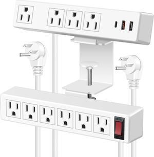 White 2 in 1 Dual Layer Desktop Edge Power Strip,Removable Clamp Power Outlet Socket Under Desk 6AC Outlests with Switch & 4 AC Outlets 2 USB-A Ports,1 USB-C Por,3FT Cord