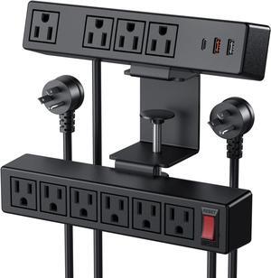 2 in 1 Dual Layer Desktop Edge Power Strip,Removable Clamp Power Outlet Socket Under Desk 6AC Outlests with Switch & 4 AC Outlets 2 USB-A Ports,1 USB-C Por,3FT Cord