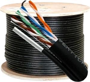 Cat5e, 350 Mhz, UTP, UV Jacket, Outdoor, CMX, Messenger, 1000ft, Black, Bulk Ethernet Cable, Wooden Spool