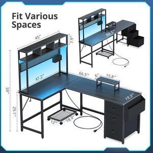 L Shaped Gaming Desk Reversible Computer Desk with Pegboard & Shelves & Drawers, Gaming Desk with Power Outlet & LED Strip & Monitor Stand & Mobile CPU Stand, Corner deck for Home Office Black