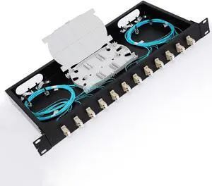 LC-OM3 12 Duplex 24 Port Fiber Enclosure Rack Mount Fiber Box MultiMode LC-UPC Kit 1 RU Fits 19" Racks Cabinet (Include 2Pcs Splice Trays 48 Strand OM3 Pigtail 1M Cables Spool+LGX Loaded Patch Panel