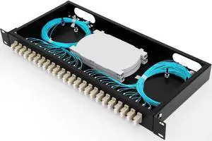 24 Duplex 48 Port LC-OM3 Multimode Fiber Enclosure Rack Mount Fiber Box LC-UPC Kit 1 RU Fits 19" Racks Cabinet (Include 2Pcs Splice Trays 48 Strand Pigtail 1M Cables Spool+48 Core LGX Loaded Patch