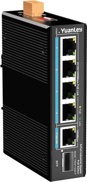 6 Port Industrial Switch with 4 Port PoE Gigabit, 1 1000Mbps Uplink, 1 SFP Port, Unmanaged DIN-Rail PoE Switch, IEEE802.3af/at, 12Gbps Switching Capacity, IP40, VLAN, AI Watchdog, Fanless