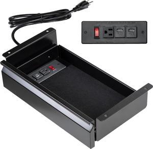 16 inch Under Desk Mounted Sliding Pull-out Drawer with Built-in Power Strip for Office Desk, Storage Organizer for Sit Stand Workstation, Black, DESK-DR16-BP