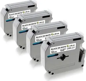 4pk Label Maker Tape 12mm 0.47 Compatible w/ Br other M-K231s P-Touch BLACK WHITE