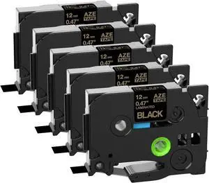 5 Pack Tape for Br other P-Touch TZe Label Maker 12mm GOLD Ink on Laminated BLACK