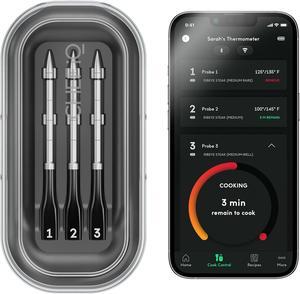 Smart Wireless Meat Thermometer with 3 Ultra-Thin Probes, Unlimited Range Bluetooth Meat Thermometer, Digital Food Thermometer for Remote Monitoring of BBQ Grill, Oven