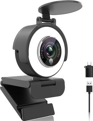 1080p Webcam with Ring Light for Streaming: USB 60FPS Web Camera with Microphone-HDR-Enabled-HD Auto Light Correction Web Cam with Adjustable FOV, for Teams, Zoom, PC/Laptop/Mac/Desktop