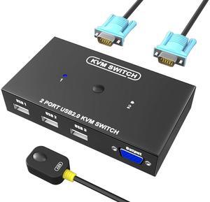 KVM Switch VGA 2 Port - VGA KVM Switch for 2 Computers Share 1 Monitor & 3 USB 2.0 Devices,Keyboard Mouse Scanner Printer,U Disk, Driver-Free for All OS,2 KVM Cables 1 Desktop Controller Included