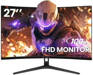 CRUA 27" Curved Monitor, FHD(1920x1080P) VA Panel, 100HZ, 120% sRGB Professional Computer Monitor, Narrow Bezels on Three Sides, Blue Light Filter, Office and Dormitory(HDMI, VGA)-Black