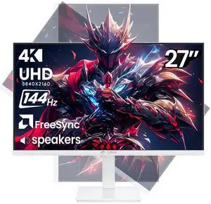 CRUA 27 4K UHD Gaming Monitor  144Hz IPS Panel, 120% sRGB Wide Color, FreeSync, Height/Pivot/Rotate/Tilt Adjustable, Eye-Care Blue Light Filter, Built-in Speakers, HDMI & DP, VESA Mount ReadyWhite