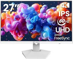 CRUA 27 White 4K UHD Monitor  IPS Panel, 3840×2160 Resolution, 60Hz Refresh, 120% sRGB Wide Color, FreeSync, USB Type-C, HDMI & DP, Eye-Care Tech, VESA Mountable for Work, Streaming & Home Office