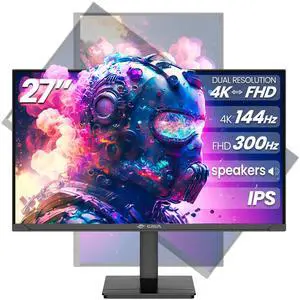 CRUA 27 4K UHD IPS Gaming & Design Monitor  Dual Mode 4K 144Hz or FHD 300Hz, 120% sRGB Wide Color, FreeSync, Vertical/Rotating Stand, HDMI 2.1 & DP 1.4, Built-in Speakers, VESA Mount  Black