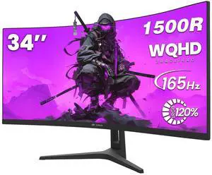CRUA 34 WQHD Ultrawide Gaming Display  21:9 Curved 3440×1440, 165Hz/144Hz Smooth Motion, 1500R VA Panel, 120% sRGB, FreeSync, PIP/PBP, HDMI 2.0 & DP 1.4, VESA Mount Ready  Black