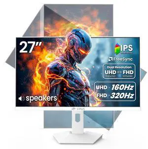 CRUA 27 Gaming Monitor, IPS UHD 3840x2160 4K 160Hz / FHD 320Hz Dual Mode White Computer Monitor, Rotating/Pivot & Height-Adjustable, AMD FreeSync, Built-in Speakers, PIP/PBP, HDMI 2.1 & DP 1.4