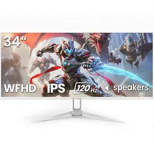 CRUA 34'' Ultrawide Gaming Monitor 120HZ, 21:9 WFHD 2560X1080 IPS Panel Computer Monitors with Built-in Speakers, Support AMD FreeSync, 120% sRGB, DP1.4 & HDMI1.4, Wall Mountable Installs-White