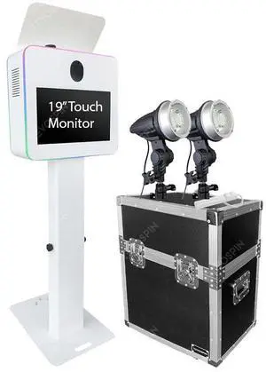 BAKOD Glamify Photo Booth Shell Starter Package with 19" Touch Monitor, 2 Internal Flash, Power Strip, and Road Case - WHITE