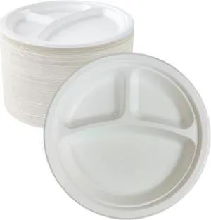500 Pack 10" Compostable 3 Compartment Plates, Eco-Friendly Sugarcane Bagasse Plates for Party Dinner, Heavy-Duty Disposable Biodegradable Paper Plates