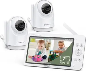 bonoch Baby Monitor with 2 Cameras 7" 720P HD LCD Split Screen Video Audio No WiFi Auto Night Vision