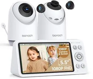 BONOCH 5.5" 1080P Video Baby Monitor with 2 Cameras, Wireless, Motion Sensor, and Local Storage, White