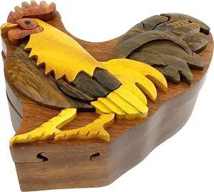 Rooster - All Natural Wood Intarsia Puzzle Box - Handcrafted with Secret Compartment
