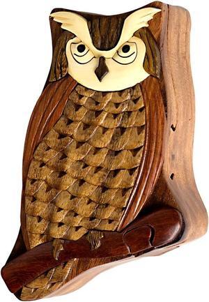 Owl - Handcrafted Wood Intarsia Puzzle Box - All Natural Exotic Woods with Secret Compartment
